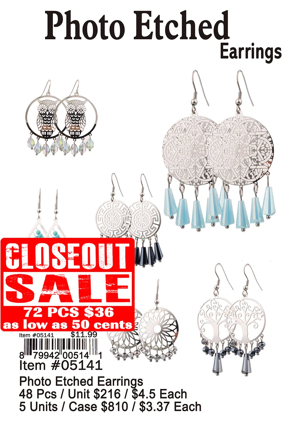 Photo Etched Earrings - Closeout 72 Pcs.